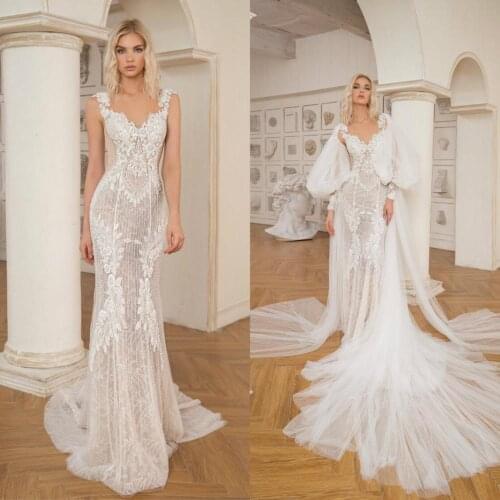 New Wedding Dresses with Long Sleeve Cape Lace Beading Mermaid Bridal Gowns Custom Made Sexy Open Back Sweep Train Wedding Dress