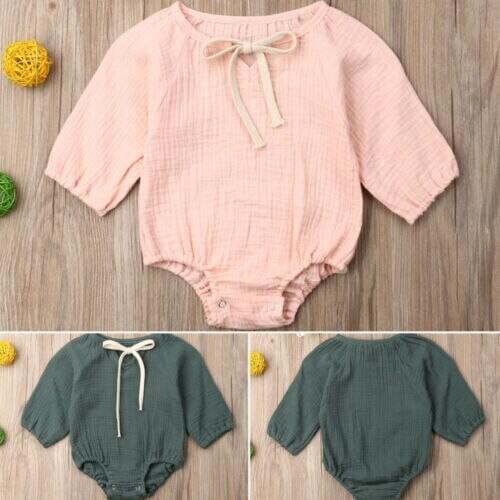 Newborn Baby Girl Boy Outfit Clothes Long Sleeve Solid Jumpsuit Cotton and Linen Short Jumpsuit Autumn Clothes