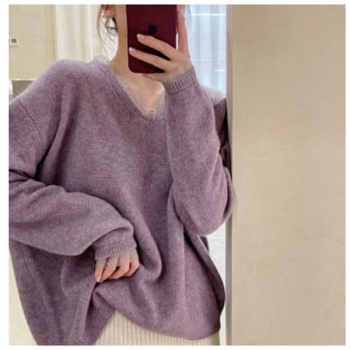 Autumn Winter New 2021 Pullover Sweater Womens Korean Retro Purple Tops Loose Raccoon Velvet V-Neck Sweater Plus Size 15920