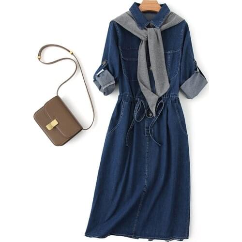 Denim dress 2021 spring fashion temperament leisure show thin Lapel long dress women 4527