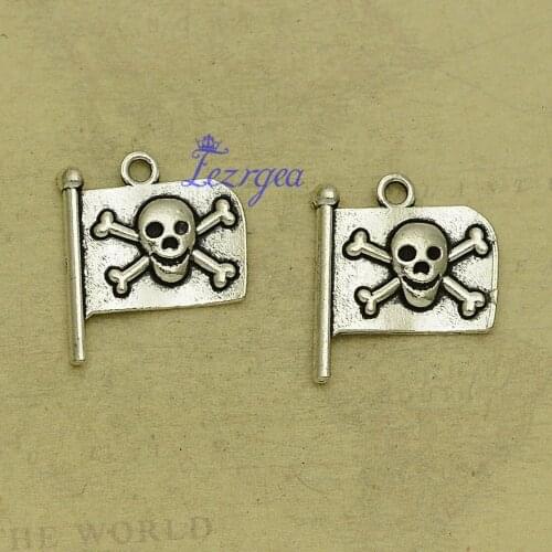 20pcs/lot--20x18mm Antique Silver Plated Pirate Skull Flag Charms Halloween Pendants For DIY Supplies Jewelry Accessories
