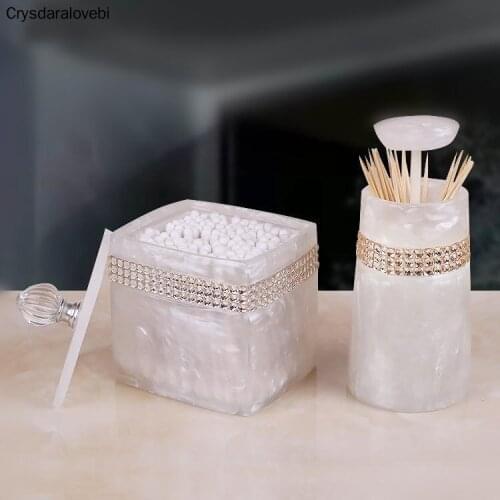 Luxurious White Square Toothpick Storage Box with Crystal Rhinestone Round Cotton swab box Cover Home Accessories