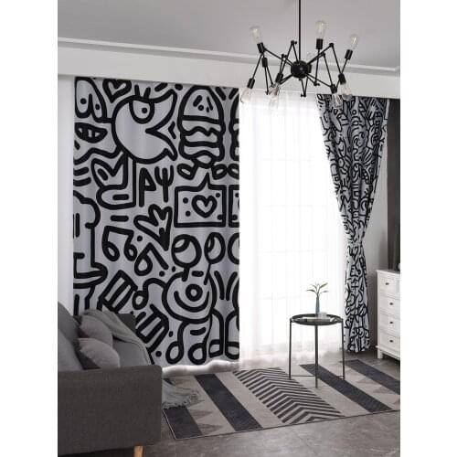 Luxury Black and White Curtains Fashion Mrdoodle Ins Cortinas for Living Room Bedroom Blackout Heat Protection Curtain Drapes