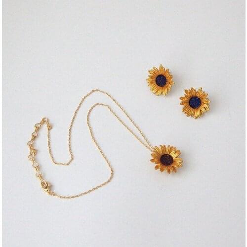 European and American blue crystal cluster sun flower earrings earnails necklace set yellow flower