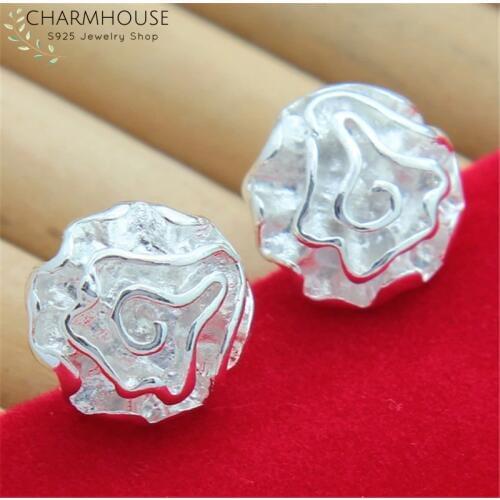 Charmhouse Stud Earrings For Women Lady S925 Pure Silver Rose Flower Earing Brincos Femme Wedding Bridal Jewelry Accessories