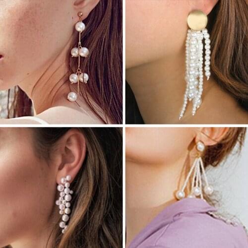 Tocona Korean Elegant Dangle Pearl Long Earrings for Women Girls Sweet Statement Tassel Earrings New Fashion Jewelry Gifts