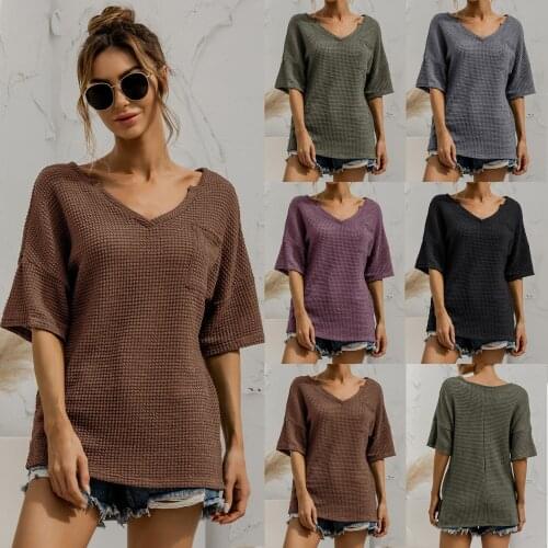 Spring Women T-Shirts Knitted Pullover Sexy V-Neck With Pockets Solid Color Female Blouse Loose Causal Style C2491