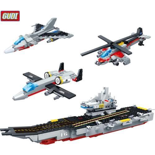 Military 8in1 carrier warship blocks 2 change Fighter Frigates Hovercraft Armored Vehicles Patrol Boats Model building block toy