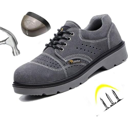 Safety Shoes Men Suede Leather Breathable Fretwork Lace Up Steel Toe Anti Smashing Puncture-resistant Indestructible Work Boots