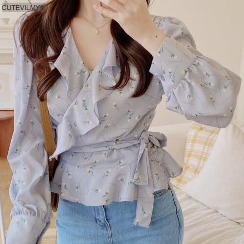 Slim Waist Chiffon Blouse Women Ruffle Floral Printed Shirts V Neck Long Sleeve Korean Chic Tops Female Blusas