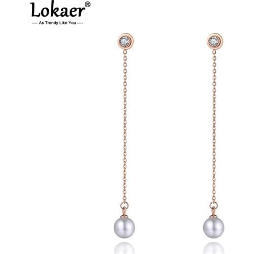 Lokaer Trendy Titanium Stainless Steel Pearl Dangle Earrings Bohemia Simulated Pearl & CZ Crystal Drop Earrings For Women E19155