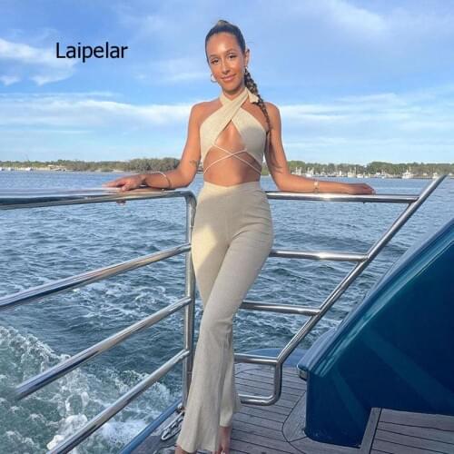 2021 Spring Summer New Womens Wear Hanging Neck Short T-Shirt and Pants Fashion Slim Casual 2 Pes Suit