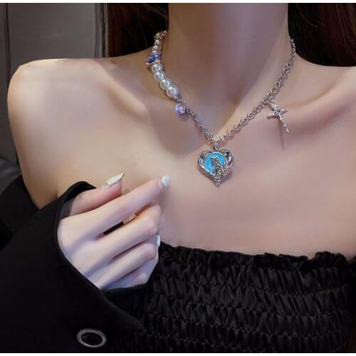 Pearl stitching necklace female sweet cool style love heart clavicle chain simple metal through arrow thick chain necklace