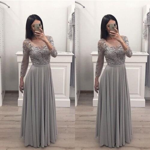 Grey Lace Mother Of Bridal Dresses Long Sleeve 2021 Sheer A Line Chiffon Formal Women Prom Gowns Abendkleider Vestidos De Novia