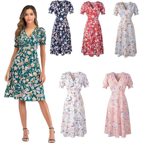 2021 Womens Chiffon Dress Female Vintage Floral Printed short Sleeve V-neck Dresses Summer Flare Sleeve Vestidos