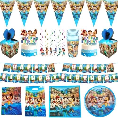 101pcs/lot Luca Theme Swirls Banner Happy Birthday Party Flags Plates Cups Tablecloth Napkins Baby Shower Decorate Candy Boxes