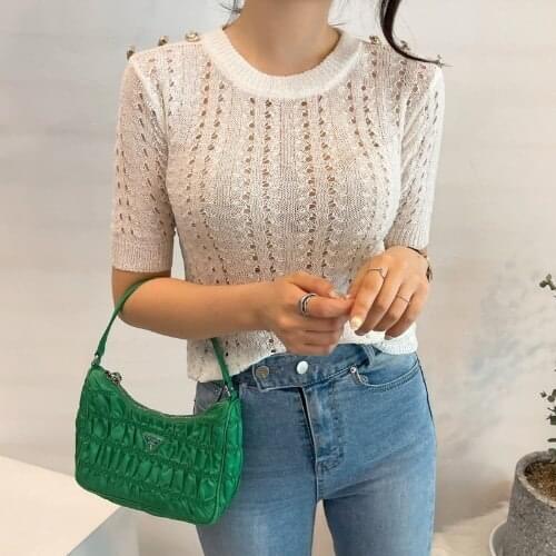 2021 Women Summer T-Shirts Clothing Korean Chic Thin Hollow Out Tees Sexy Lady Fashion Knitted Pullovers Tops T-Shirt YM158