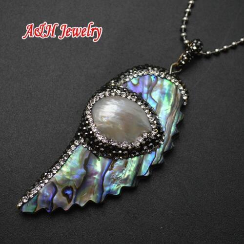 5pcs New Arrival Rainbow Shell Carved Angle Wings With Freshwater Pearl Inlay 28x60mm Fashion Women Pendant Necklace
