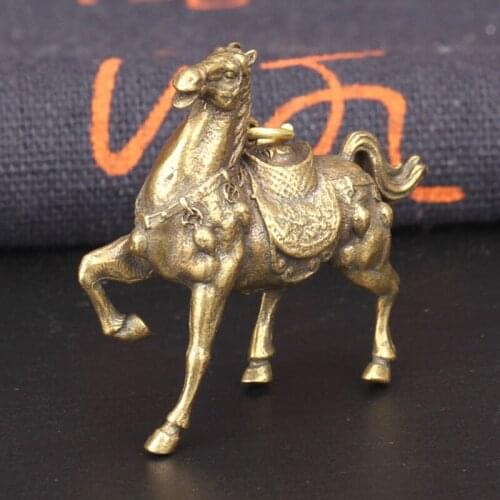 Antique Pure Copper Running War Horse Miniatures Figurines Tea Pet Table Ornament Decorations Metal Brass Steed Keyring Pendants