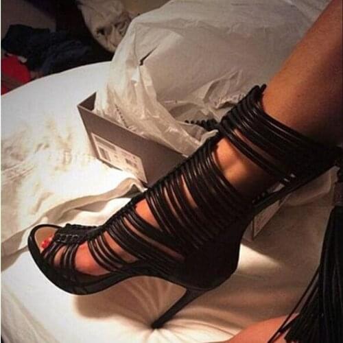 Sexy Strappy Fringe Gladiator Boot Sandals Black White Peep Toe Hollow Dress Shoes Stiletto Heels Tassel Cage Ankle Boot Size 42