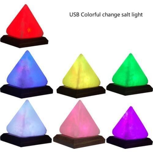 USB Colorful Discoloration Salt Lamp Air Purify Round Natural Triangle Crystal Rock Lamp Wooden Base Hand Carved Night Light