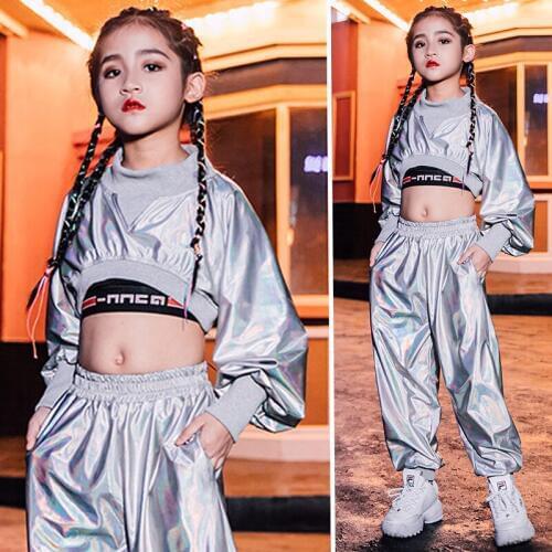 Childrens Jazz Dance Costume Girls Hip Hop Clothes Kids Street Dance Loose Performance Outfit Silver Hip Hop Clothing VDB957