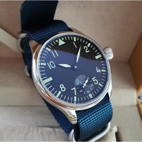 GEERVO No logo Pilot manual mechanical mens Watch 44mm Black dial green number Blue nylon strap Seagull ST3621 movement G096