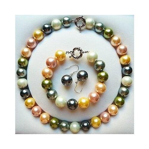 14mm Multi-color Shell Pearl Necklace Bracelet Earrings Jewelry Set
