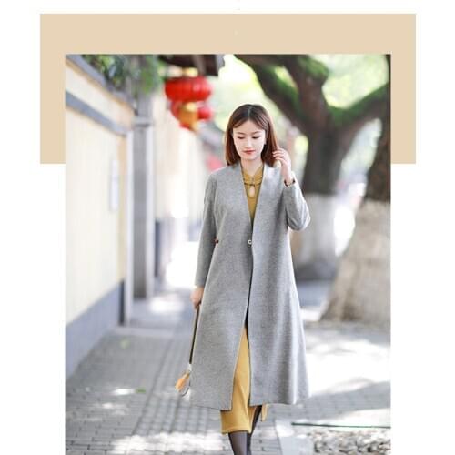 Early Spring original traditional retro Chinese style big size long-section Han style woolen jacket outerwear for women