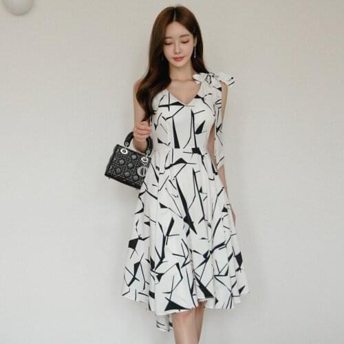 Summer Dresses Print Bandage Bodycon Sleeveless Womens Dress Bow Vintage Elegant Evening Korean Clothes Sexy Party Midi Sundress