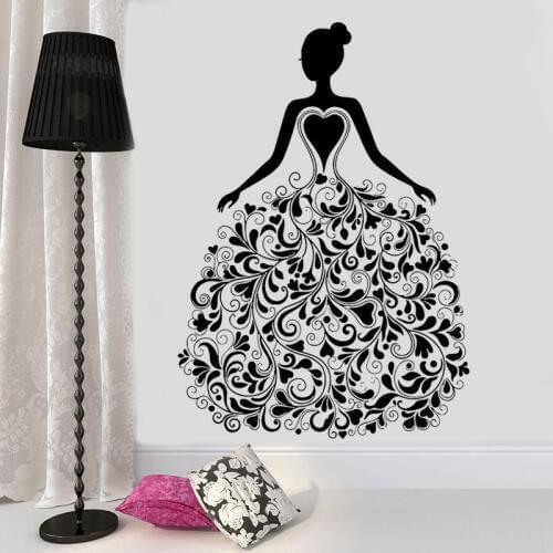 Fashion Girl With Flora Pattern Dress Vinyl Sticker Wall Decal For Living Room Clothing Boutique Window Poster Murals FS17