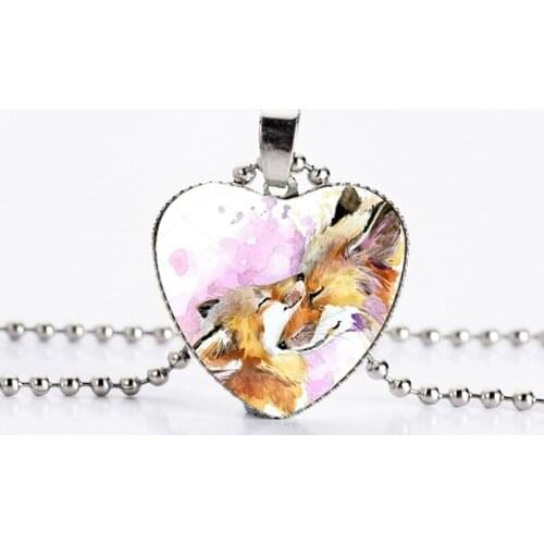 Fashion Fox Heart Necklace For Women Cute Animal Necklaces Silver Color Chain Glass Cabochon Pendants Jewelry Accessories