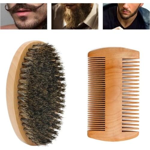 Men Beard Care Set Beard Wood Comb Oval Shaving Bristle Brush Template Comb Storage Bag Portable Home Travel Tool kit