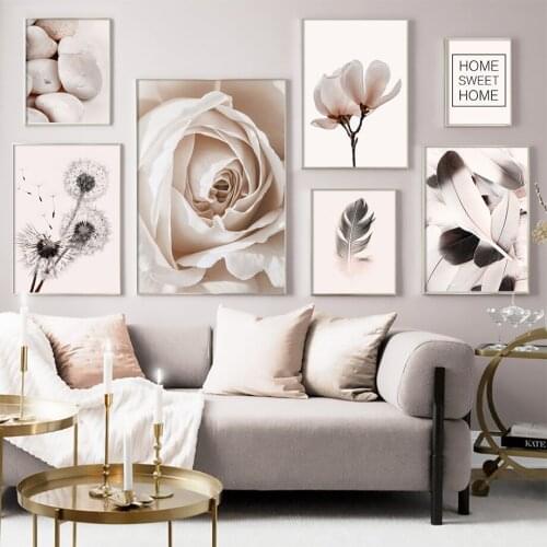 Rose Feather Dandelion Cobblestone Wall Art Canvas Painting For Living Room Decor Nordic Posters And Prints Plants Wall Pictures