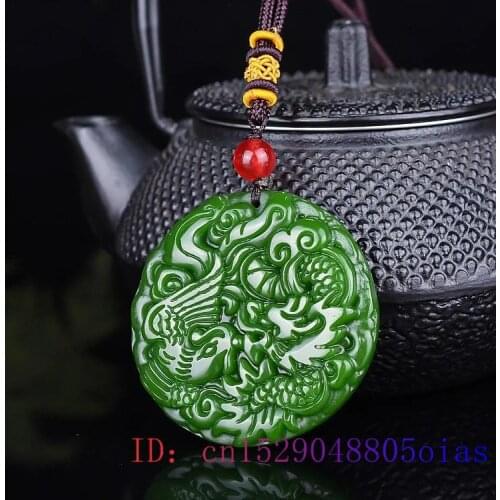 Jade Dragon Phoenix Pendant Fashion Women Natural Charm Jadeite Jewelry Gifts Chinese Men Carved Green Necklace Amulet