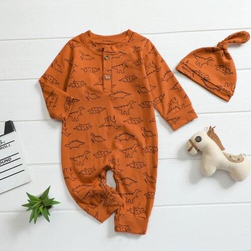 2021 New Autumn Baby’s Casual Jumpsuit with Hat Cute Cartoon Dinosaur Printing Long Sleeve Long Pants Cotton Romper Sleepwear