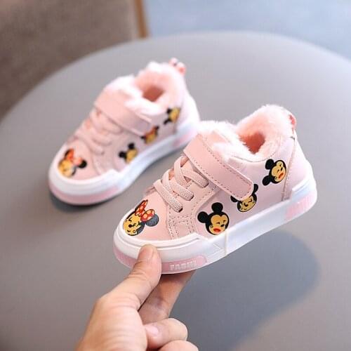 Disney Autumn Winter 2021 New Minnie Mickey Casual Shoes Fashion Girl Baby Breathable Soft Sole Plus velvet Children Sneakers