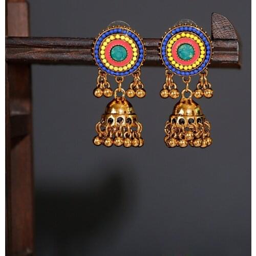 New Vintage Corful Beaded India Wedding Earrings Hangers Classic Gold Alloy Ladies Earrings Bohemian Green Bollywood Earrings