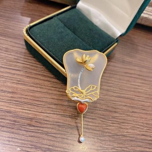 New Chinese Style S925 Silver Gilding Design Natural White Crystal Frosted Jade Palm-Leaf Fan Brooch with South Red Retro