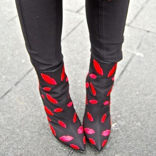 Sexy Spring Red Lips Machine Embroidery Pointed toe Ankle Boots Women Street Stylish Stiletto High Heels Short Bottines Shoes