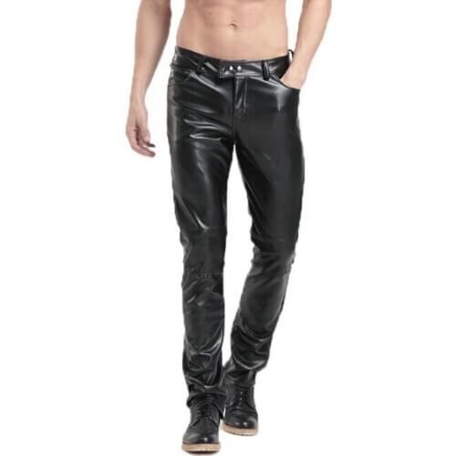 Add velvet faux leather pants mens feet pants thin motorcycle pu trousers for men personality fashion Windproof and waterproof