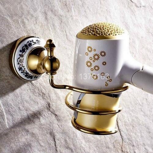 Luxury Gold Color Brass Ceramic Base Hair Dryer Holder Wall Mounted Dryer Holder Bathroom Accessories Bath Hardware aba258
