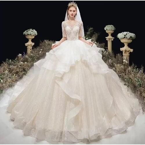 Wedding Dress O-Neck Luxurious Embroidery Empire Ruched Floor-Length Half Sleeve Backless Plus Size Wedding Gowns For Women G429