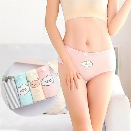 4 Pcs Cute Cartoon Print Panties For Women Underwear Kawaii Pink Beautiful Girl Love Soft Breathable Seamless Briefs Lingerie