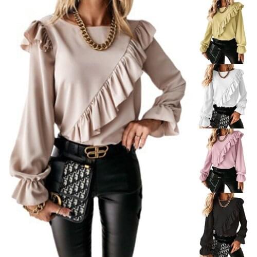 Womens Clothing 2021 Casual Blouses Spring Autumn Solid Color Patchwork Ruffles O-Neck Long Sleeve Shirt Femme Blusas Thin Top