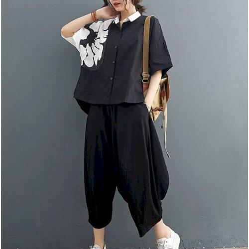 2021 Summer New Womens Suit Printing Fashion Suit Cotton Casual Short-sleeved Shirt Loose Wide-leg Pants Two Piece Set Oversized