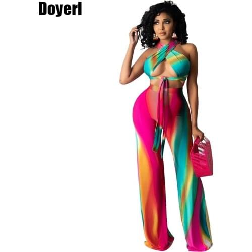 Halter Bandage Two Piece Outfits for Women Summer Clothing Clubwear Print Crop Top and High Waist Pants Sets Matching Outfits