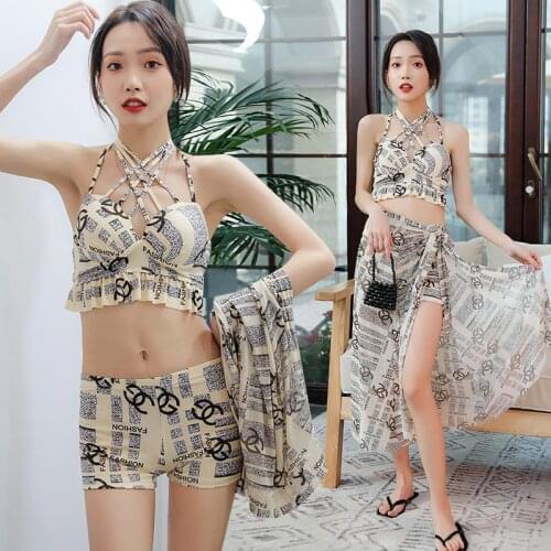 3 pieces swimsuit women Blue print bikini 2021 Keyhole swimwear female Bandeau biquini String bathing suit Sexy new