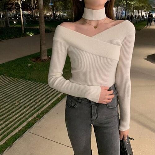 Slim sexy Bib Sweater Pullovers Women winter autumn Female 2021 sweater long sleeve sweater top slash sweater