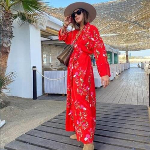 XEASY Women 2021 Elegant V Neck Floral Print Red Kimono Midi Shirt Dress High Street Female Bow Sashes Casual Party Vestidos Muj